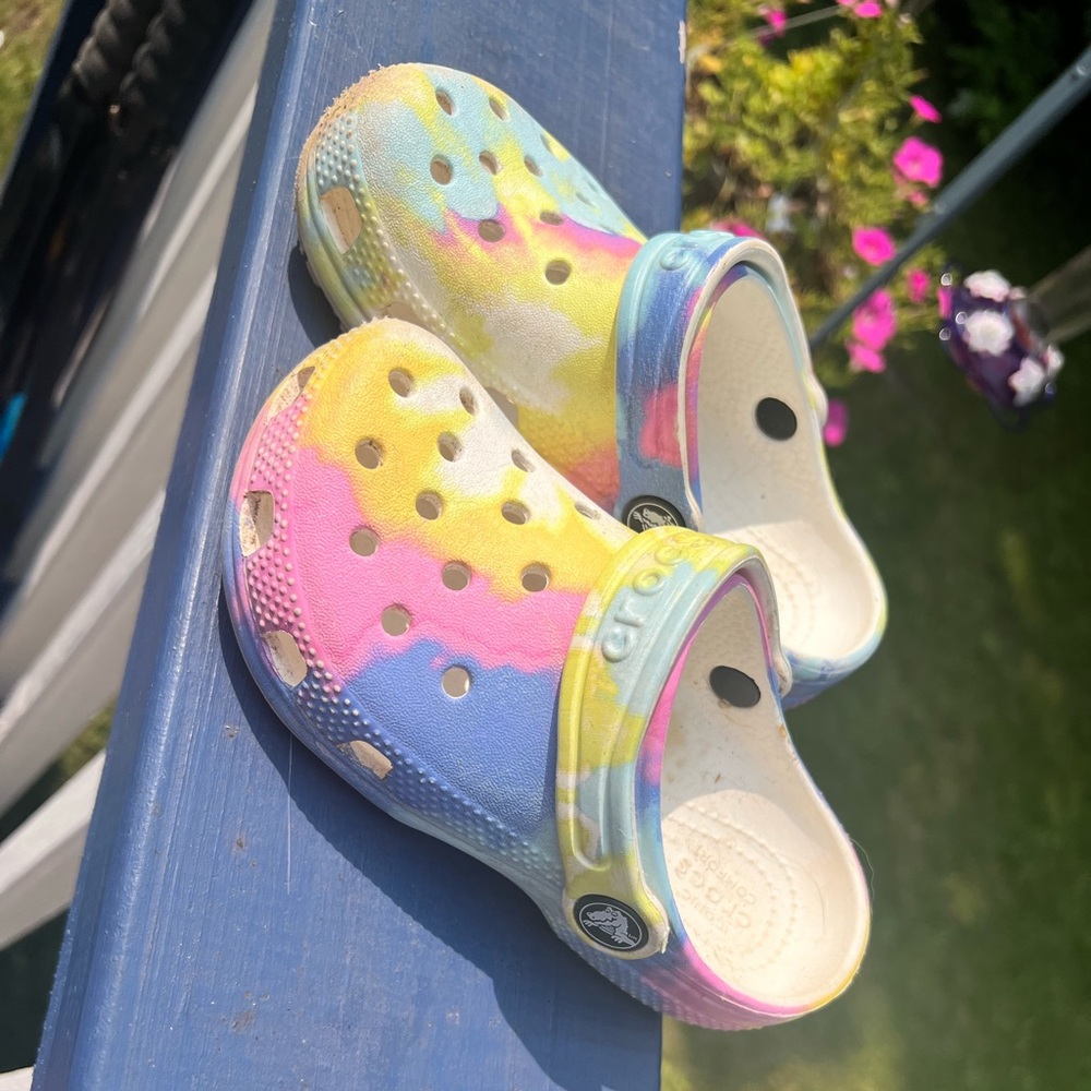 Toddler size 10 girl tiedye crocs barely worn would look brand new if wiped